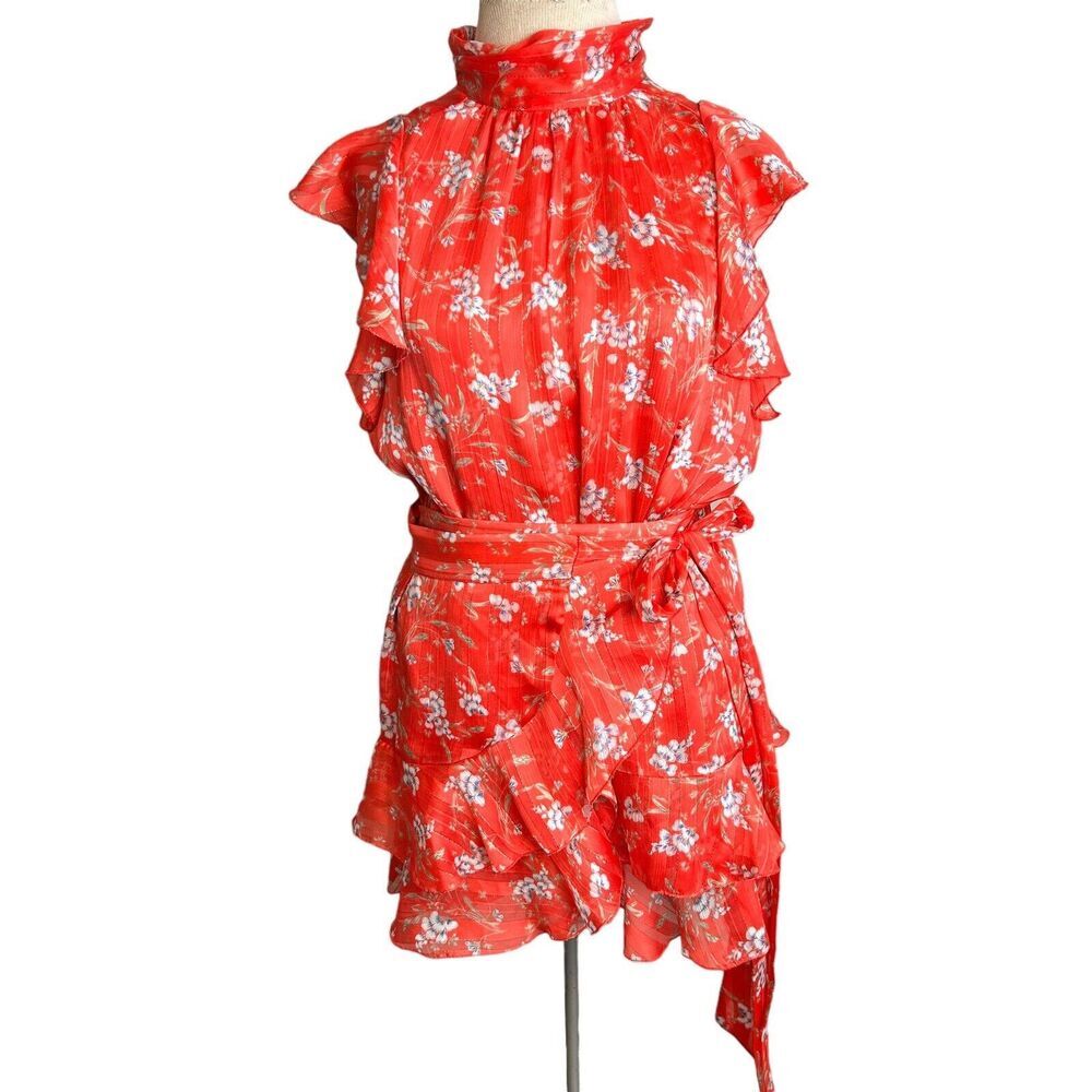 sabina musayev skirt set Womens Large Red Floral Chiffon Ruffle Blouse Matching